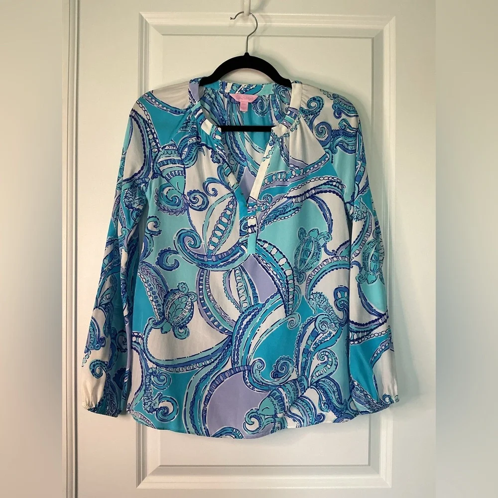 Lilly Pulitzer Elsie Searulean Silk Blouse Size XXS